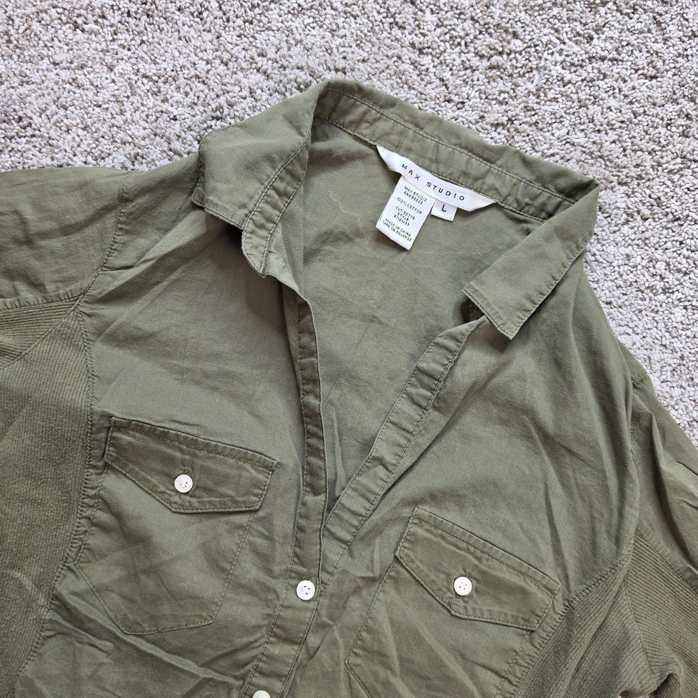 VINTAGE Max Studio Button-Up Tunic Womens L Green Lightweight Roll Tab Sleeve *